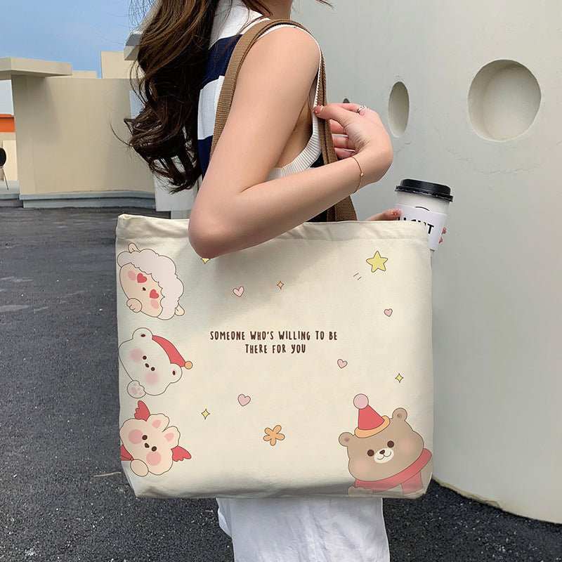 Cute Bear Printed Canvas Bag Women All - match Shoulder Bags Student Large Capacity Daily Handbags - AMIR BAGS INDIA PRIVATE LIMITED