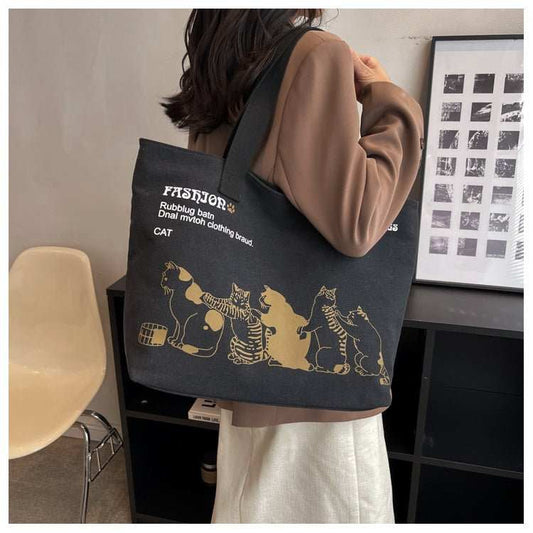 Cute Cartoon Cat Printed Canvas Bag Large Capacity Fashion Shopping Shoulder Bag Student Campus Handbag - AMIR BAGS INDIA PRIVATE LIMITED