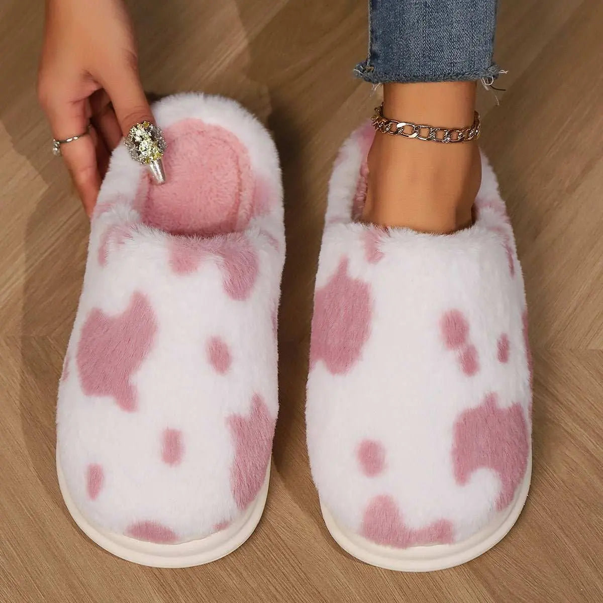 Cute Cow Spotted Plush Slippers Winter Warm Non - slip Bedroom Floor Fuzzy Slipper Couple Women House Shoes - AMIR BAGS INDIA PRIVATE LIMITED