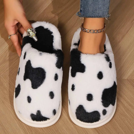 Cute Cow Spotted Plush Slippers Winter Warm Non - slip Bedroom Floor Fuzzy Slipper Couple Women House Shoes - AMIR BAGS INDIA PRIVATE LIMITED