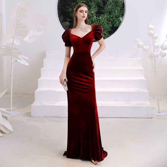 Wine red fishtail velvet evening dress with deep V-neck and bubble short sleeves