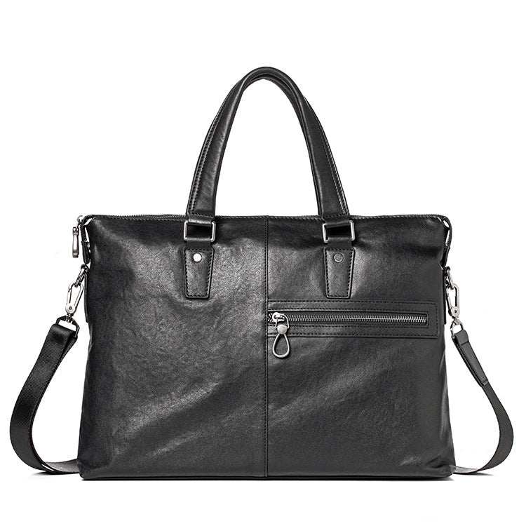 Black leather men's bag with zipper, dual handles, and detachable shoulder strap for business and leisure use