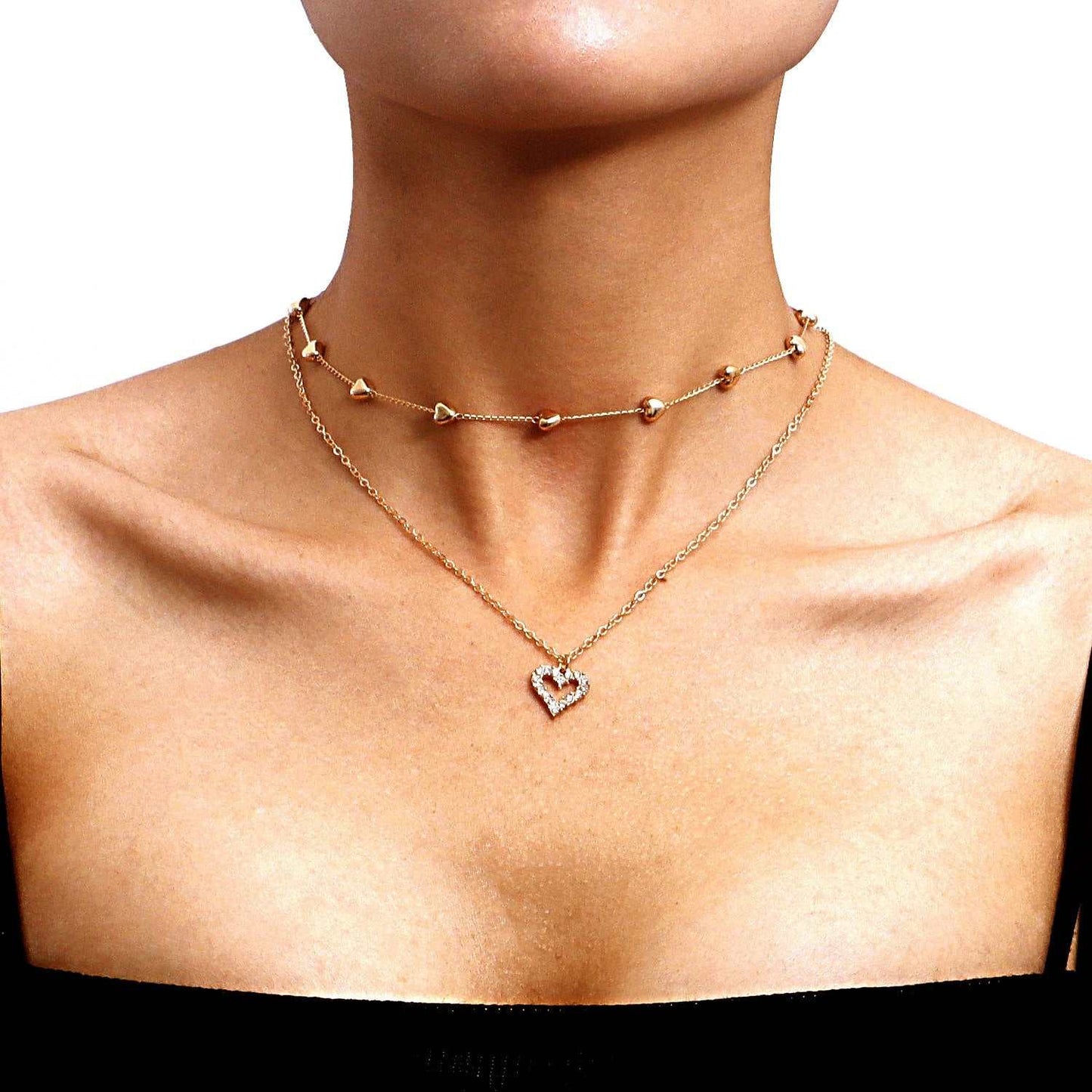 Double - layer Heart Pendant Fine Chain Necklace For Women Multilayer Gold Color Metal Necklaces Fashion Jewelry Accessories - AMIR BAGS INDIA PRIVATE LIMITED