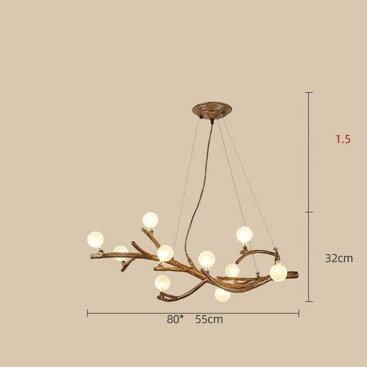 Japanese style restaurant chandelier with decorative tree branch design and warm LED lights, adjustable height 1.5m