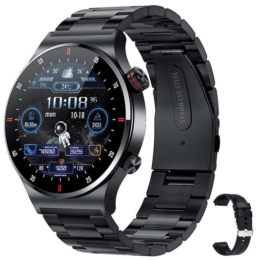 Black stainless steel smart watch with heart rate monitoring and Bluetooth connectivity displayed on wrist