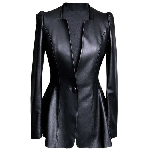 Slim fit black short coat women's leather jacket with V-neck and single-button front closure