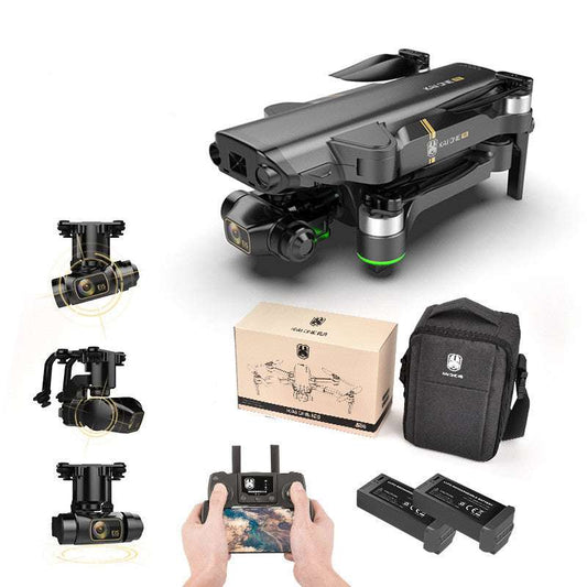 Compact black brushless GPS drone with 8K HD camera, three-axis gimbal, remote controller, dual batteries, and storage bag.
