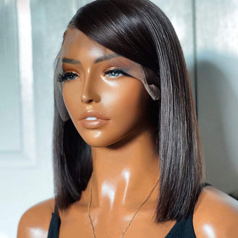 Super Double Drawn 13x4 Brown Lace Frontal Wig with straight sleek bob style on mannequin head