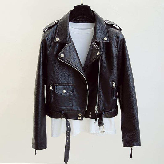 Black women's short faux leather jacket with lapel collar and belt, displayed on hanger