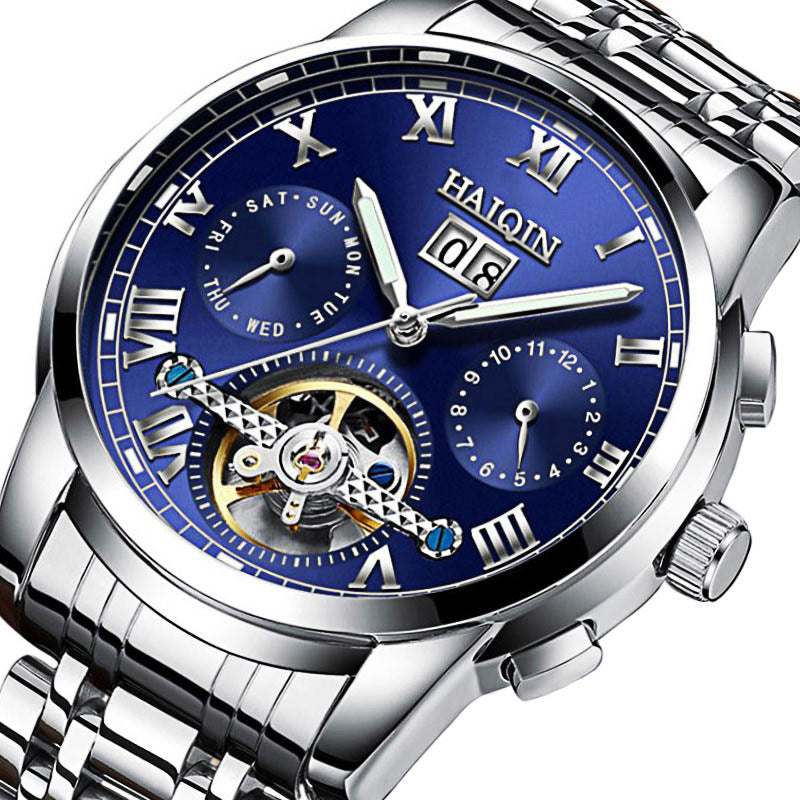 Men's fashion waterproof luminous hollow tourbillon automatic mechanical watch with blue dial and stainless steel strap