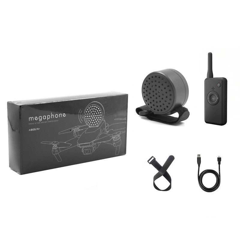 Universal Drone Wireless Megaphone kit with speaker, remote control, USB charging cable, and mounting strap for drones and RC vehicles.