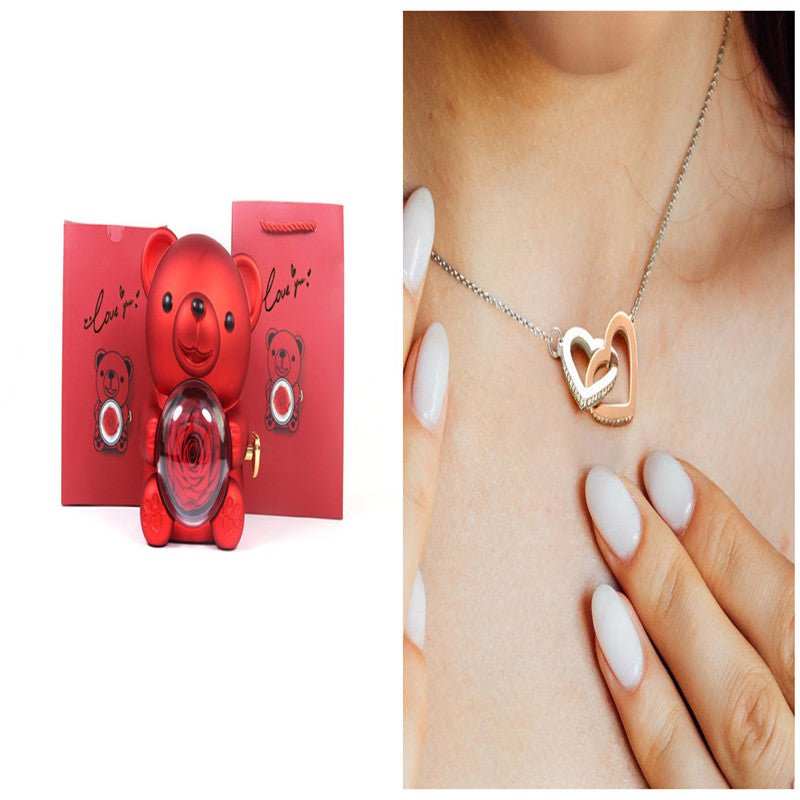 Eternal Rose Teddy Bear Gifts Box With Necklace Rotate Rose Jewelry Box Valentine Wedding Storage Gift Case For Women Girlfriend - AMIR BAGS INDIA PRIVATE LIMITED