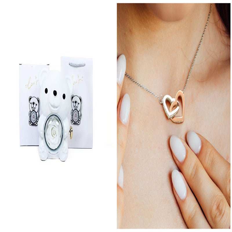 Eternal Rose Teddy Bear Gifts Box With Necklace Rotate Rose Jewelry Box Valentine Wedding Storage Gift Case For Women Girlfriend - AMIR BAGS INDIA PRIVATE LIMITED