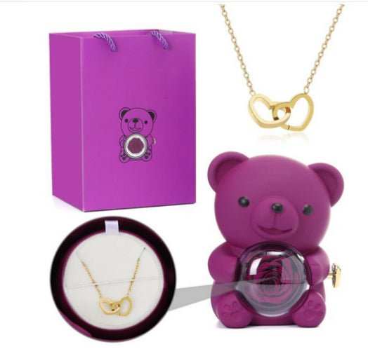 Eternal Rose Teddy Bear Gifts Box With Necklace Rotate Rose Jewelry Box Valentine Wedding Storage Gift Case For Women Girlfriend - AMIR BAGS INDIA PRIVATE LIMITED