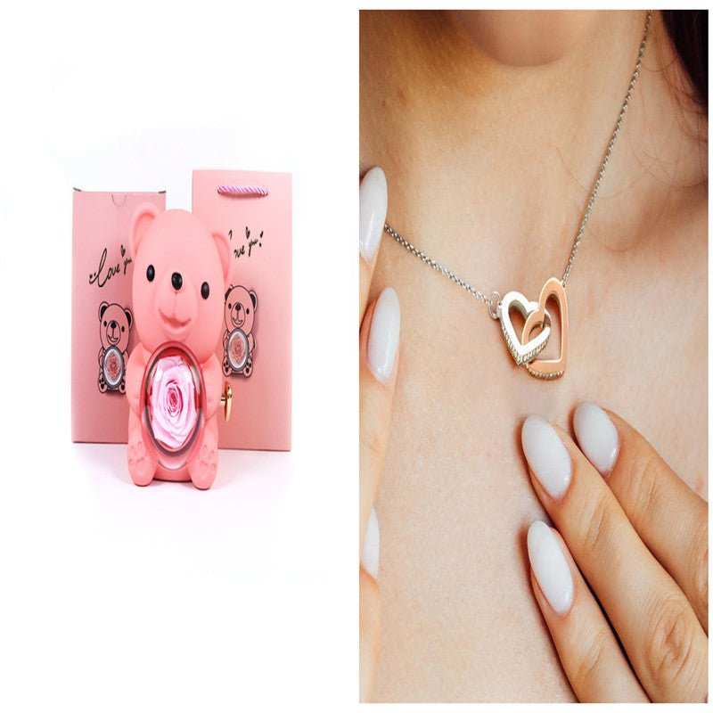 Eternal Rose Teddy Bear Gifts Box With Necklace Rotate Rose Jewelry Box Valentine Wedding Storage Gift Case For Women Girlfriend - AMIR BAGS INDIA PRIVATE LIMITED