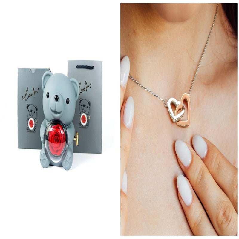 Eternal Rose Teddy Bear Gifts Box With Necklace Rotate Rose Jewelry Box Valentine Wedding Storage Gift Case For Women Girlfriend - AMIR BAGS INDIA PRIVATE LIMITED