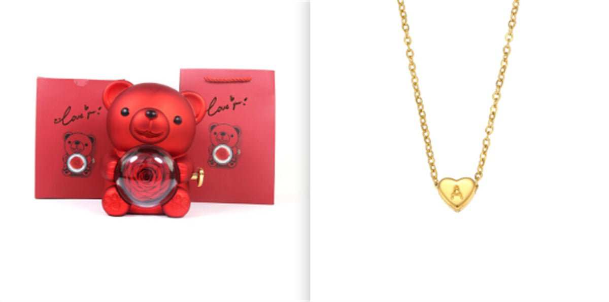 Eternal Rose Teddy Bear Gifts Box With Necklace Rotate Rose Jewelry Box Valentine Wedding Storage Gift Case For Women Girlfriend - AMIR BAGS INDIA PRIVATE LIMITED