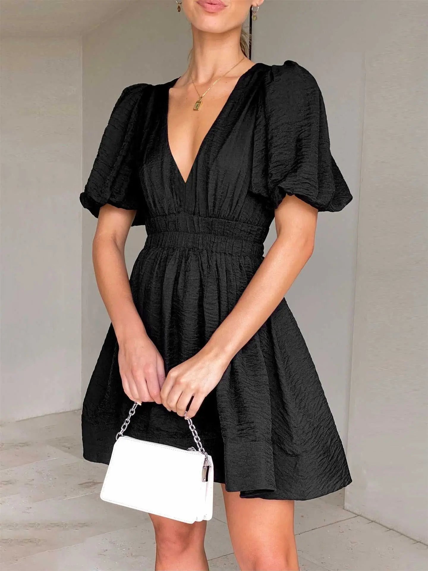 European And American Elegant Dress Sweet Waist Trimming Dress V - Neck Lantern Sleeve Dress Women's Summer Sun Dresses Evening Dress - AMIR BAGS INDIA PRIVATE LIMITED
