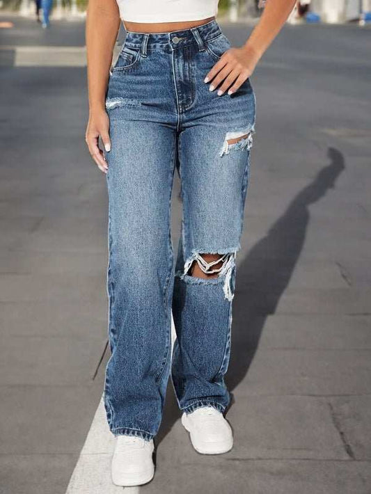 European And American Ripped Trendy Women's Jeans Straight - AMIR BAGS INDIA PRIVATE LIMITED