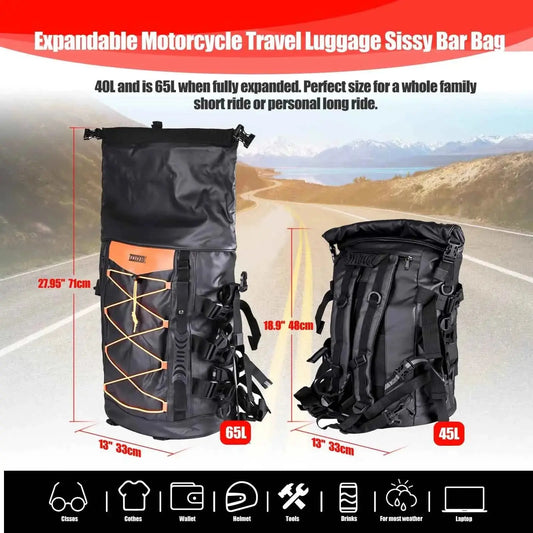 Expandable Motorcycle Tail Bag Travel Luggage Sissy Bar Bag Weather Resistant Tail Duffle Bag Gear Backpack with Sissy Bar Strap - AMIR BAGS INDIA PRIVATE LIMITED