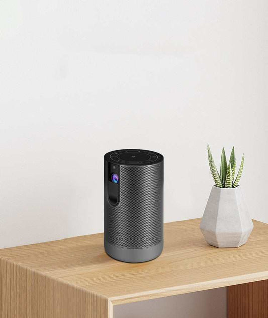 Compact mini screenless TV portable smartphone projector with cylindrical design on wooden table next to a small geometric planter with green succulent plant