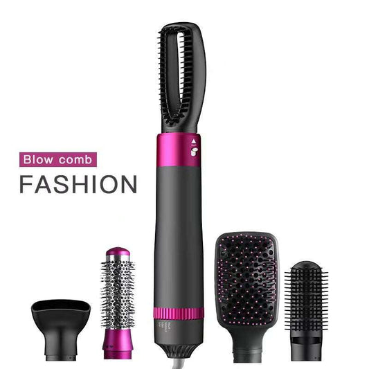 5 in 1 hair dryer brush set with multiple styling attachments including blow comb, round brush, paddle brush, and vent brush in black and pink design