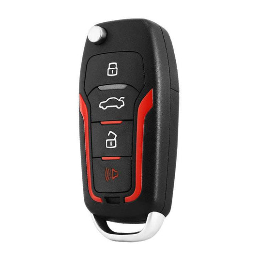 Black and red remote control key fob for car alarm and one-button start with lock, unlock, trunk, and alarm functions