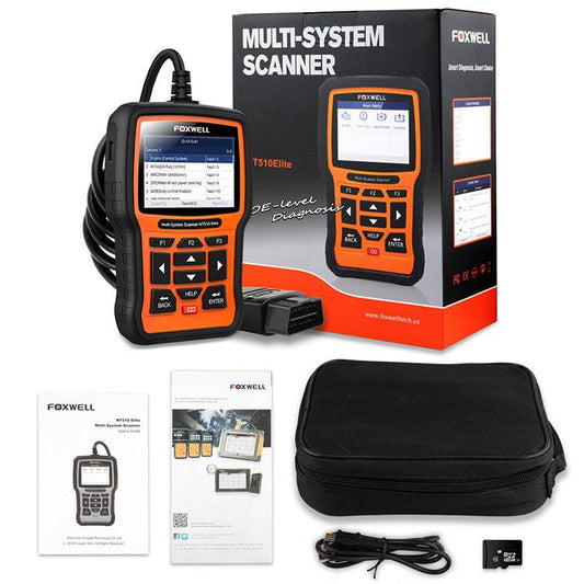 Automotive diagnostic tool Foxwell NT510 Elite with multifunctional scanner, OBD2 compatibility, and carrying case.