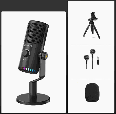 Computer Games Microphone with noise cancelling, adjustable stand, earphones, and windproof cover in Athens Black color for live game voice broadcast.