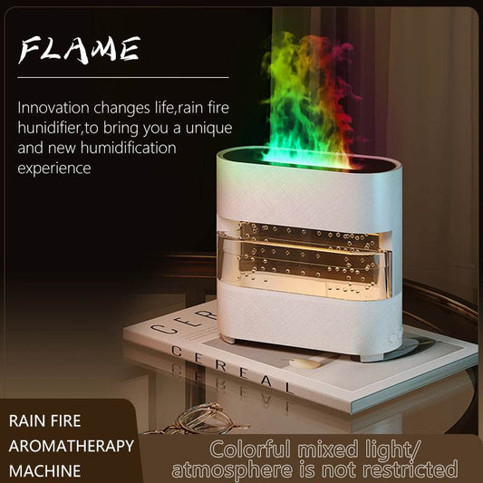 2024 Rain Cloud Fire Humidifier with colorful flame effect and aromatherapy diffuser on table with book and glasses