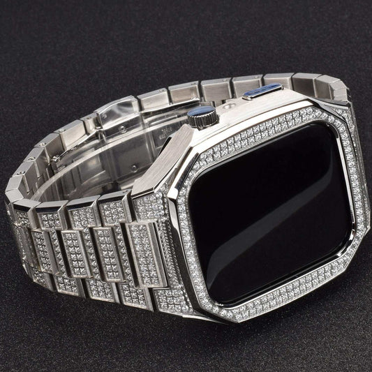 Silver stainless steel full diamond modified protective case for Apple Watch with metal band