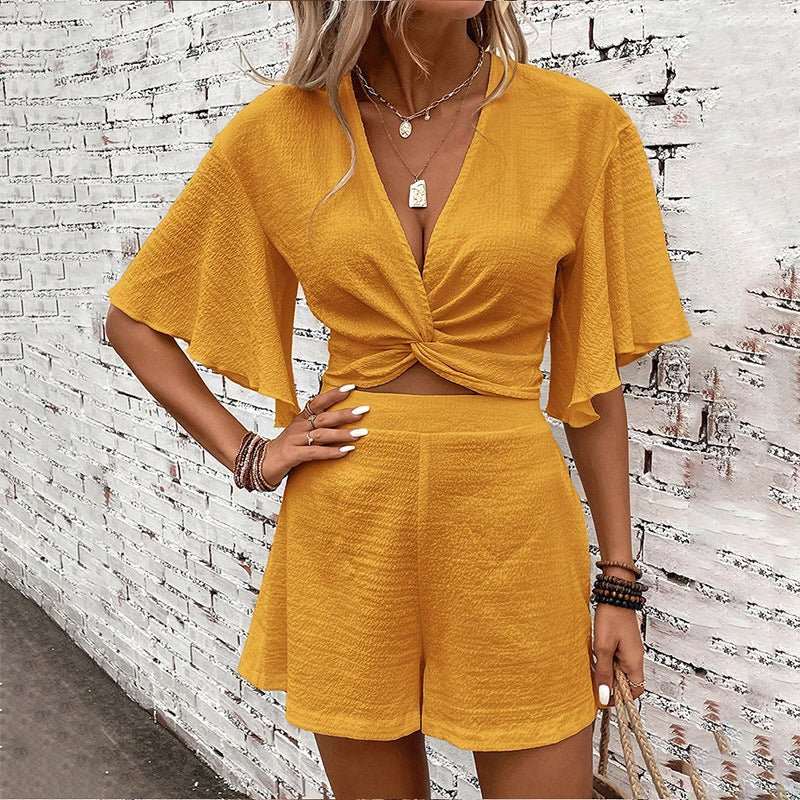 Fashion Loose Suits For Women V - neck Ruffle Sleeve Short - sleeved Top And Shorts Summer Two - piece Set Clothing - AMIR BAGS INDIA PRIVATE LIMITED