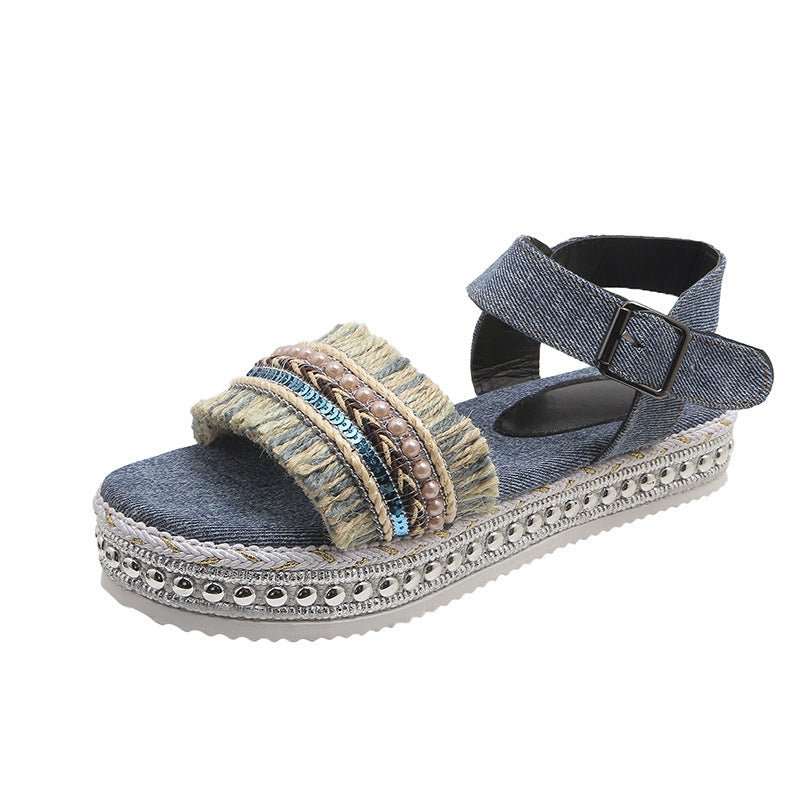 Fashion Tassel Denim Sandals With Thick - soled Flat Heel New Summer Hemp Rope Sole Ethnic Style Shoes For Women - AMIR BAGS INDIA PRIVATE LIMITED