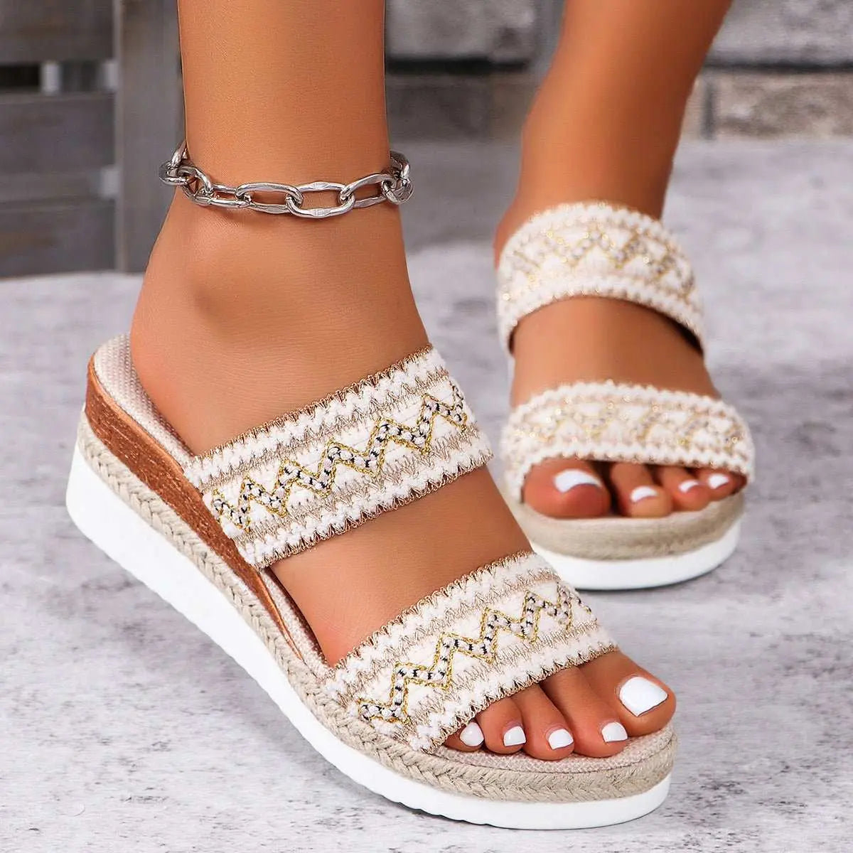 Fashion Wavy Pattern Woven Sandals Summer Casual Ethnic Style Slippers Linen Bottom Wide Strap Wedges Shoes For Women - AMIR BAGS INDIA PRIVATE LIMITED