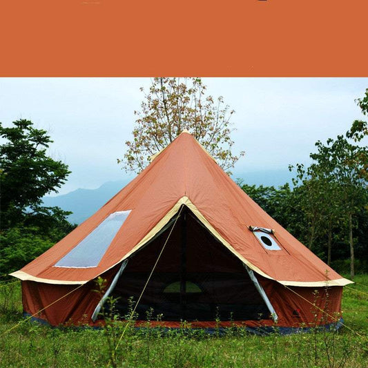 Orange outdoor yurt tent with pyramid shape, chimney hole, and sunscreen feature set in grassy camping area