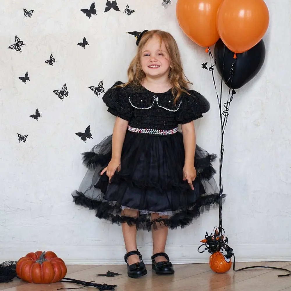 Girls' Fashion Halloween Mesh Stitching Puff Sleeve Dress - AMIR BAGS INDIA PRIVATE LIMITED