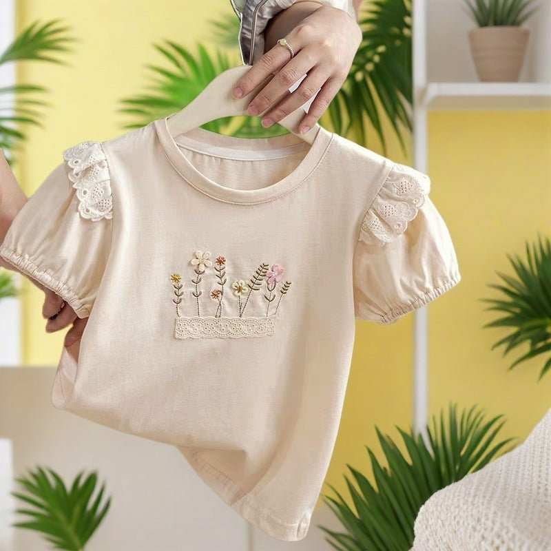 Girls' Pure Cotton Embroidery Loose Ruffled Top - AMIR BAGS INDIA PRIVATE LIMITED