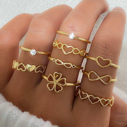 Gold Color Heart Rings 9pcs Sets For Women Vintage Hollow Irregular Geometric Butterfly Finger Rings Fashion Jewelry Accessories Gif - AMIR BAGS INDIA PRIVATE LIMITED