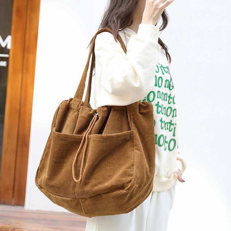 Ins Corduroy Shoulder Bags Drawstring Multi - pocket Handbag Women Underarm Bags - AMIR BAGS INDIA PRIVATE LIMITED