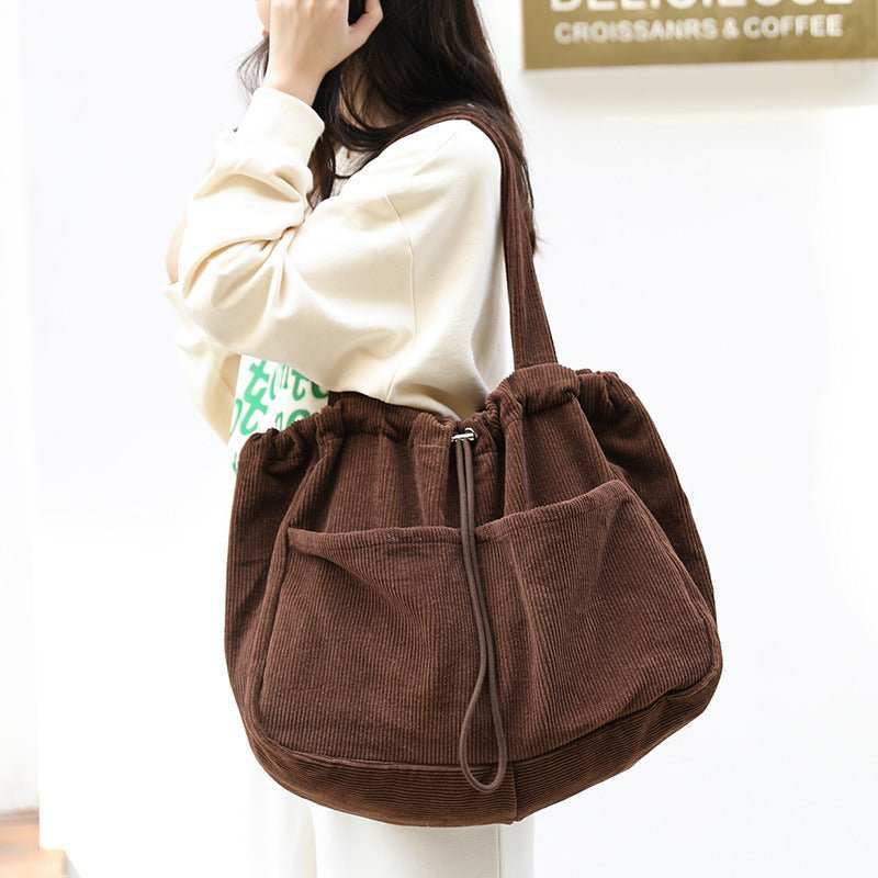 Ins Corduroy Shoulder Bags Drawstring Multi - pocket Handbag Women Underarm Bags - AMIR BAGS INDIA PRIVATE LIMITED