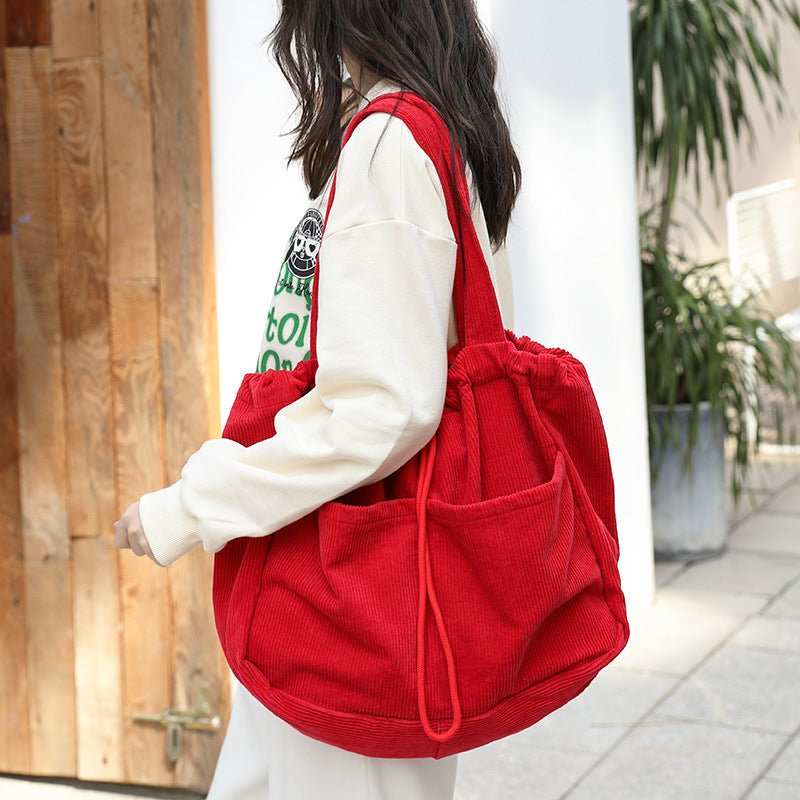 Ins Corduroy Shoulder Bags Drawstring Multi - pocket Handbag Women Underarm Bags - AMIR BAGS INDIA PRIVATE LIMITED