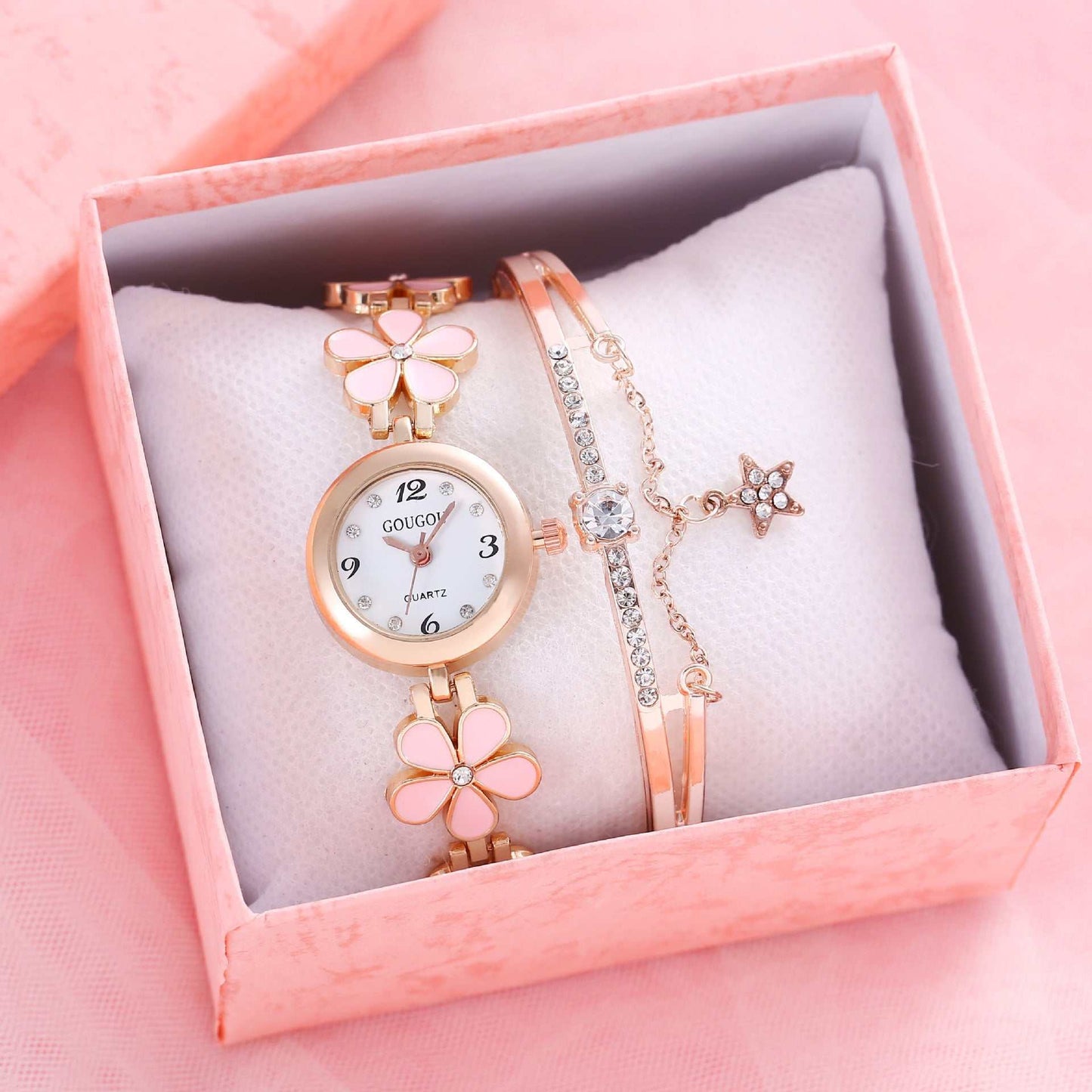 Ladies Petal Patterned Quartz Watch Bracelet Set - AMIR BAGS INDIA PRIVATE LIMITED