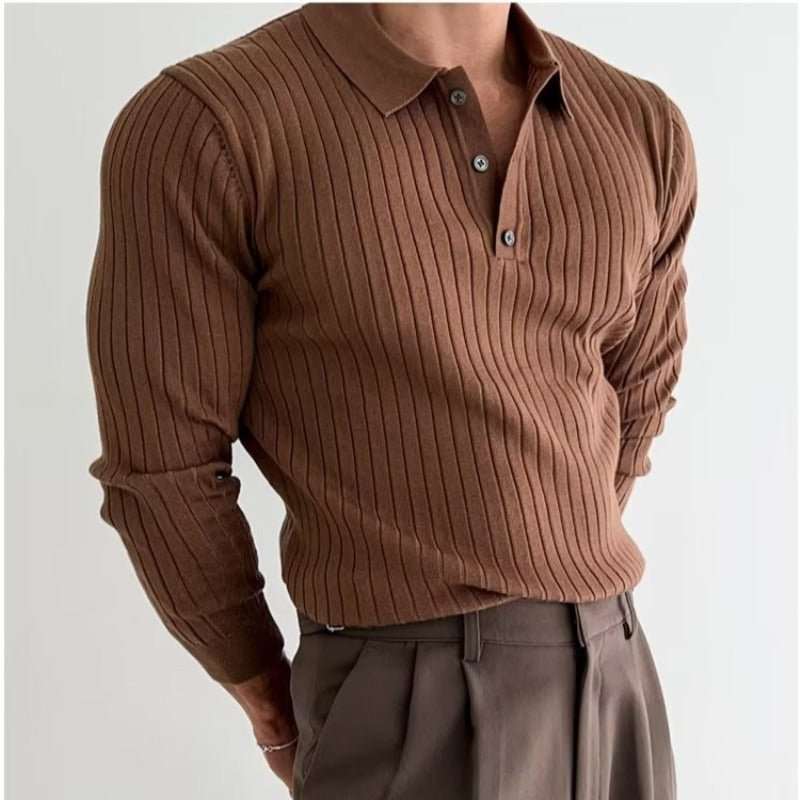 Lapel Button Long Sleeve Polo Shirt Slim Fashion Solid Striped Knitted Bottoming Shirt Top Men's Clothing - AMIR BAGS INDIA PRIVATE LIMITED