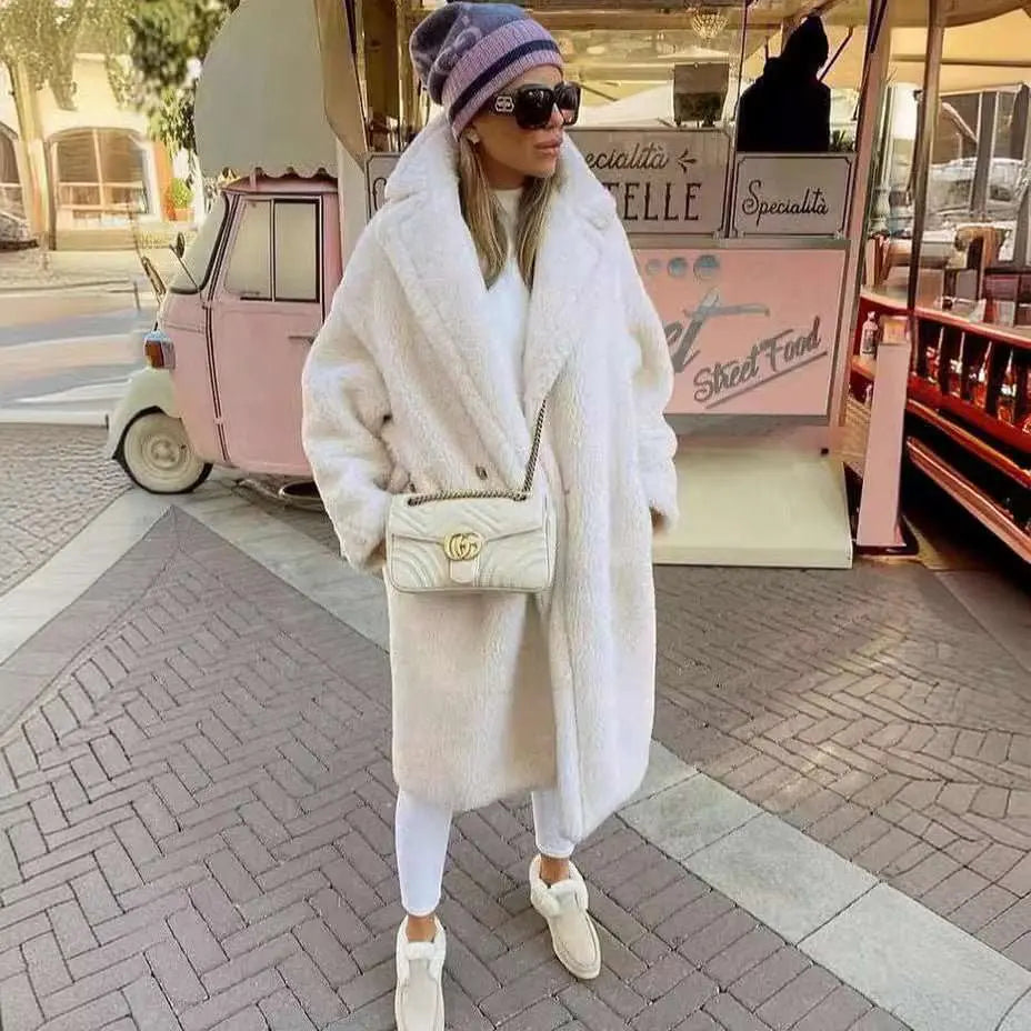 Lapel Lamb Fleece Coat With Pockets Faux Fur Coat Winter Warm Thickening Long Windbreaker Women's Clothing - AMIR BAGS INDIA PRIVATE LIMITED