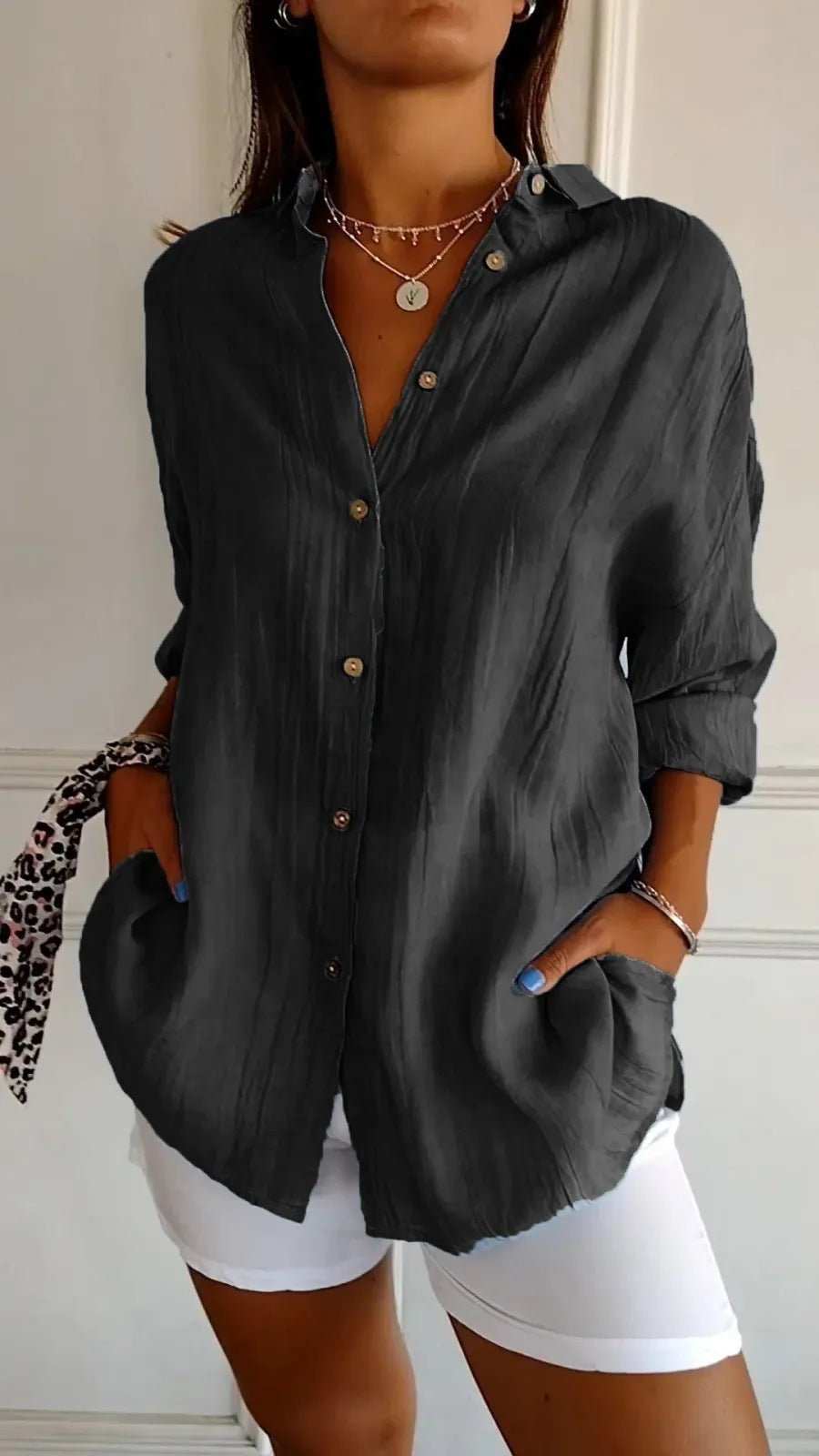 Lapel Long Sleeve Shirt Women's Single - breasted Pleated Shirt - AMIR BAGS INDIA PRIVATE LIMITED