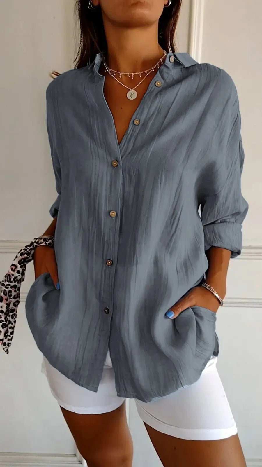Lapel Long Sleeve Shirt Women's Single - breasted Pleated Shirt - AMIR BAGS INDIA PRIVATE LIMITED