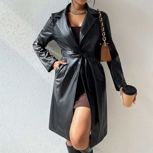 Long Sleeve Lapel PU Leather Jacket With Pockets Slim Fit Long Trench Coat Women's Clothing - AMIR BAGS INDIA PRIVATE LIMITED