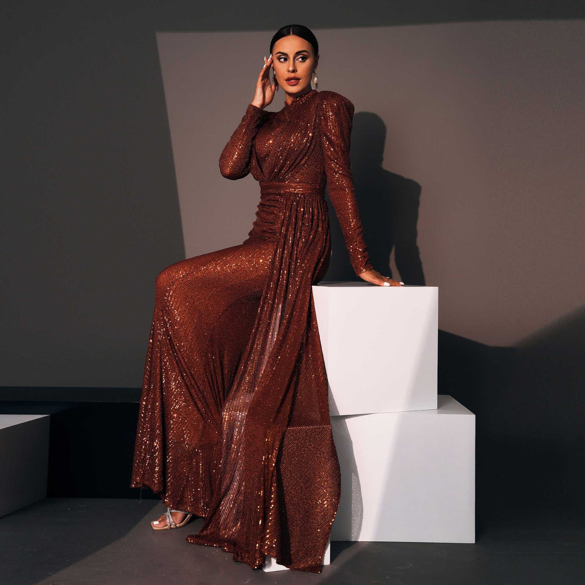 Long Sleeve Round Neck Sexy Slim Long Sequined Banquet Dress - AMIR BAGS INDIA PRIVATE LIMITED