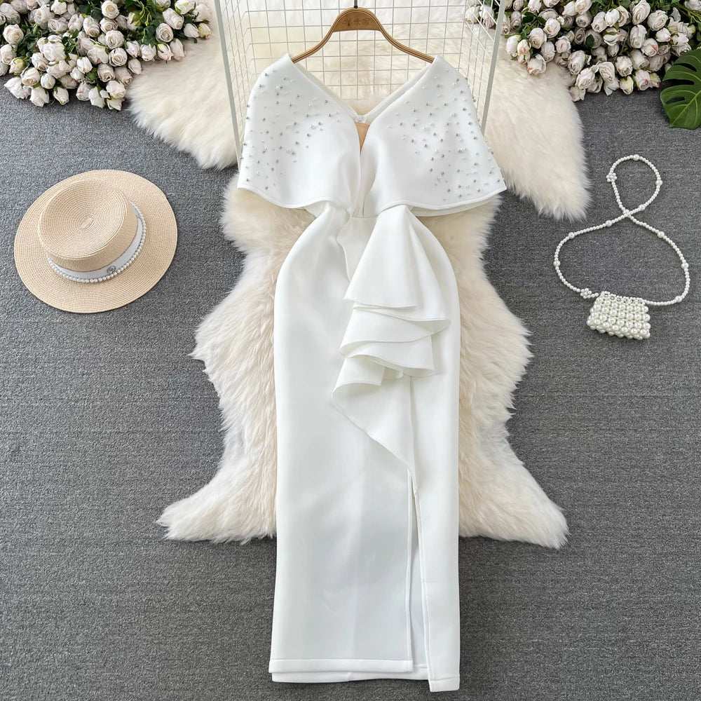 Luxury Elegant Formal Dress for Women Banquets Socialites Work Office Dresses Beads V - Neck Hip Wrap Dresses - AMIR BAGS INDIA PRIVATE LIMITED