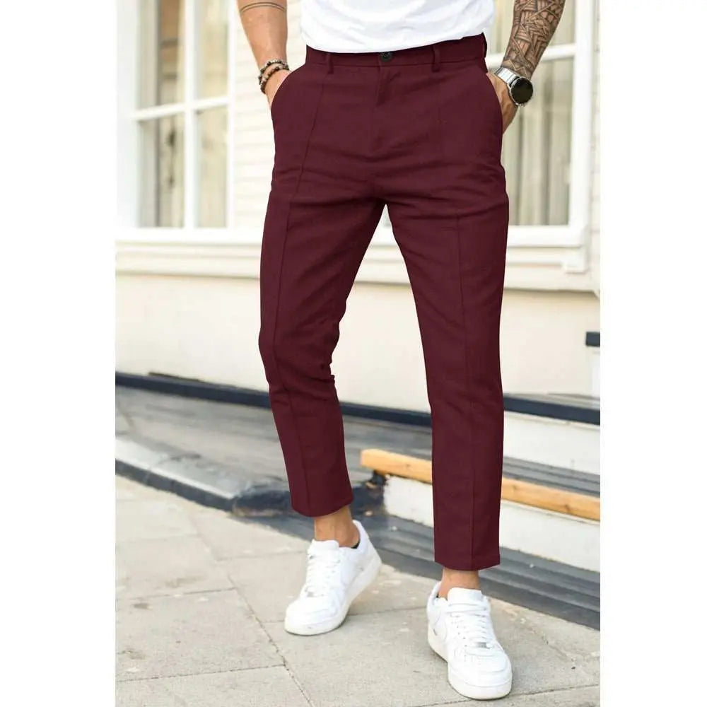 Men's Double Fold Line Solid Color Casual Suit PantsProduct information:Color: light gray, dark gray, black, dark red, dark green, dark blue Style: pencil pants/leggings Fabric name: Cotton Applicable scenarios: LeisuDropshipmanAMIR BAGS INDIA PRIVATE LIMITEDnull